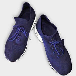 Womens Sz 41/ 9.5 Navy Stretch Slip On Sneakers Platform Ties Adjustable Stretch